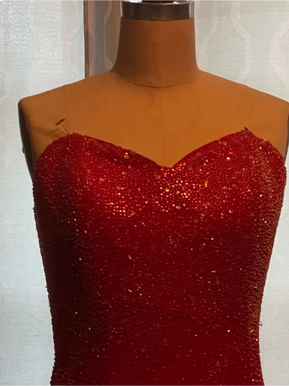 Tiffany & Co. Sparkling Red Strapless Beaded Prom Gown